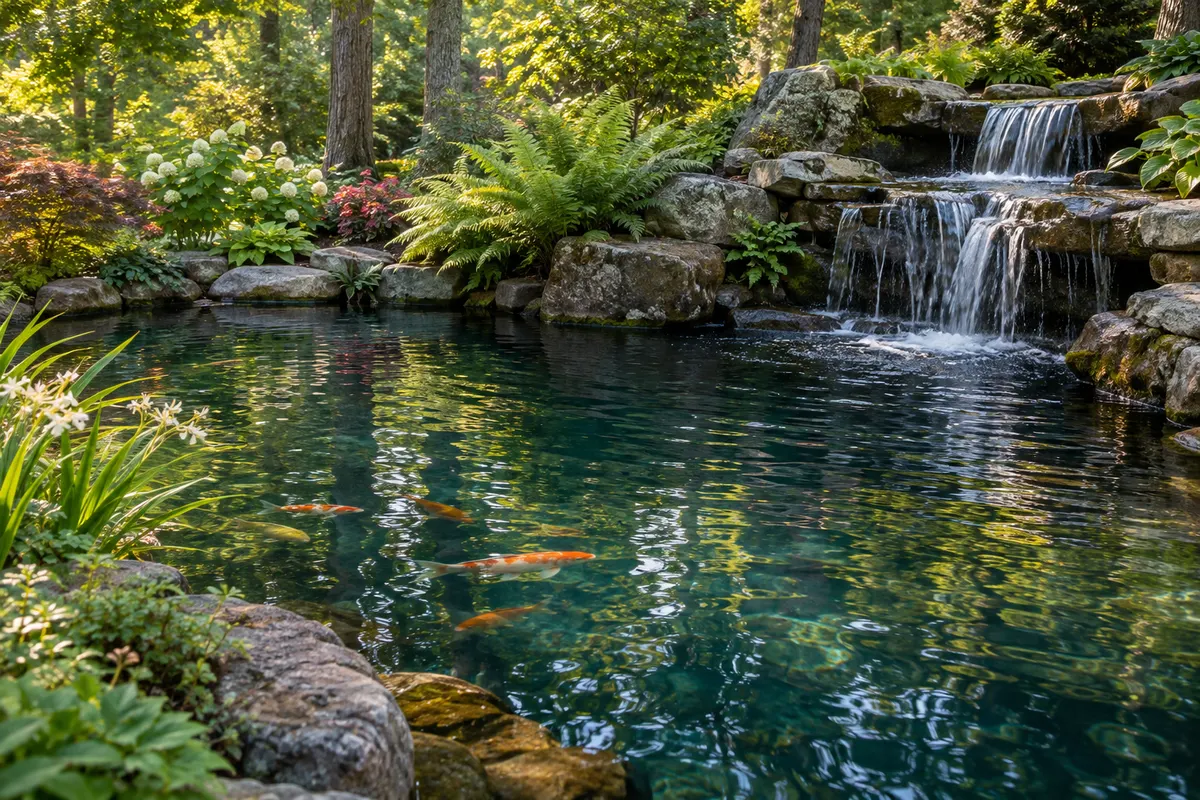 Illustrative garden pond with koi, stone waterfall, and woodland planting